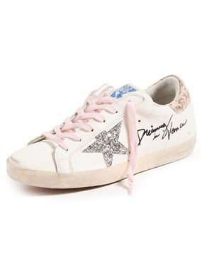 Golden Goose White Sneakers with Silver Star and Pink Laces